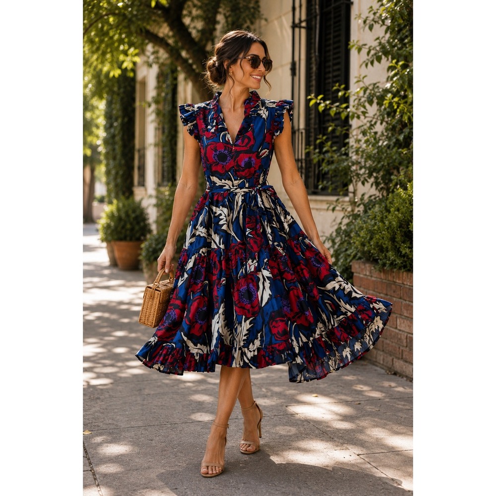 La DoubleJ Floral Women's Size S Blue Excellent Tiered Ruffle Midi Dress